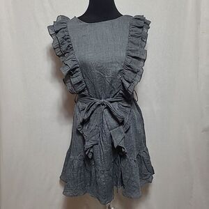 Macaron Cotton Belted Dress Womens M Open Back Ruffle Front Grey